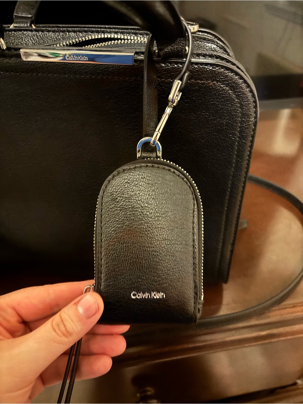 NWOT Calvin Klein Black Leather Top-Handle/ Crossbody Bag with small charm - Picture 14 of 14